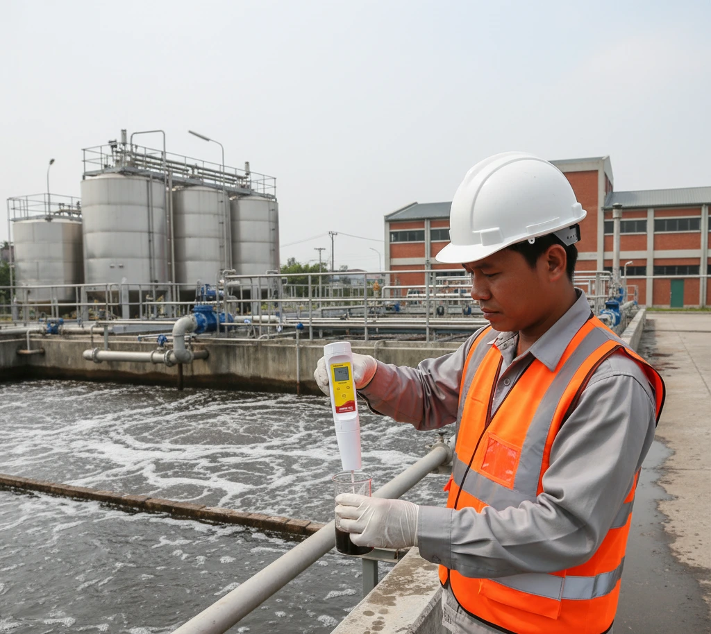 Seorang teknisi Indonesia memeriksa sampel air limbah pabrik makanan menggunakan pocket pH tester PHscan20S-E di tepi bak pengolahan, dengan instalasi WTP/WWTP sebagai latar belakang.