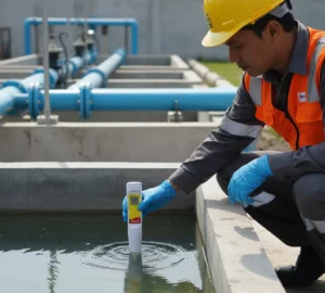Teknisi Indonesia mengukur pH air proses di instalasi pengolahan air menggunakan pocket pH tester PHscan20S-K dari Bante Instruments.