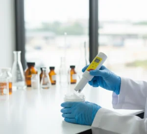 “Analis laboratorium Indonesia mengukur pH permukaan krim kosmetik di dalam jar menggunakan pocket pH meter PHscan30F-E ber-elektroda datar di meja lab modern dengan latar peralatan kaca dan botol bahan kimia.”