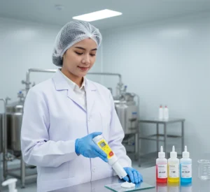 Analis QC Indonesia mengukur pH krim kosmetik menggunakan pocket pH meter PHscan30F-K dengan elektroda permukaan datar di area produksi yang bersih dan terang.