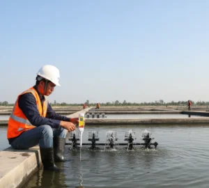 Teknisi Indonesia sedang mengukur pH air kolam budidaya udang menggunakan PHscan30L pocket pH tester dengan elektroda panjang yang dicelupkan langsung ke dalam kolam.