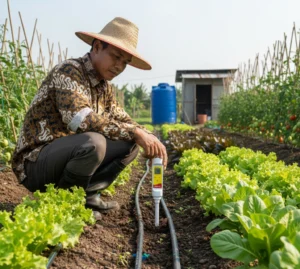 Seorang teknisi muda di Indonesia sedang memegang PHscan30P pocket pH tester dengan elektroda spear-tip, menusukkan ujung elektroda ke sampel tanah basah di lahan pertanian, sementara di latar belakang terlihat bedengan sayuran hijau dan tangki air irigasi kecil.