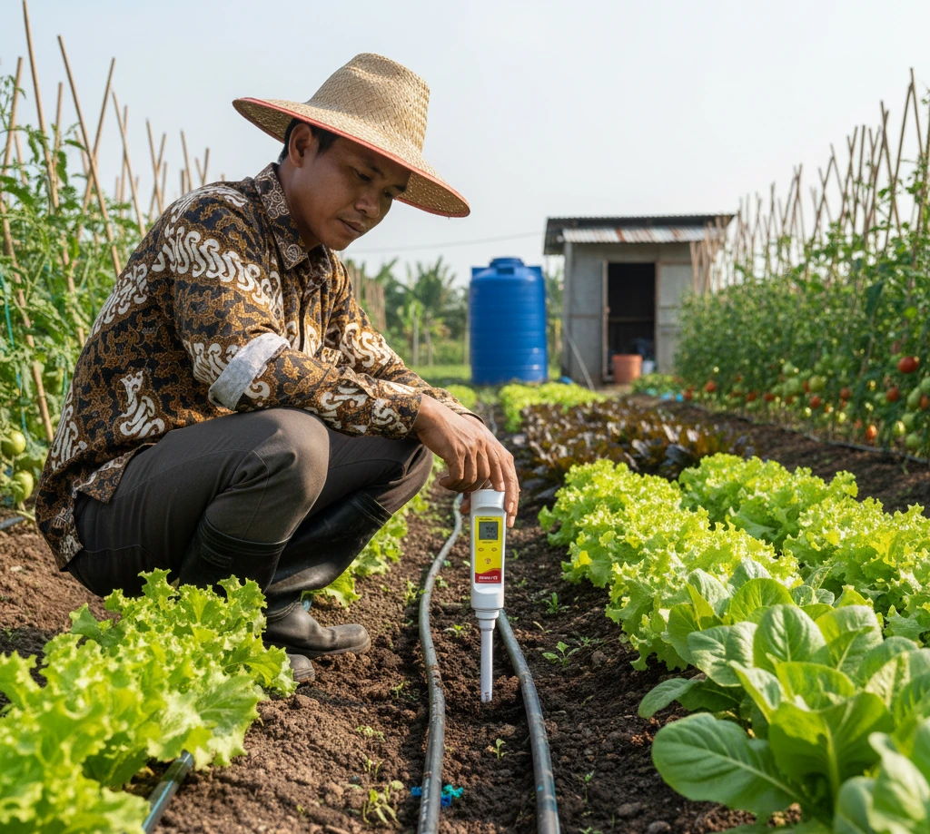 Seorang teknisi muda di Indonesia sedang memegang PHscan30P pocket pH tester dengan elektroda spear-tip, menusukkan ujung elektroda ke sampel tanah basah di lahan pertanian, sementara di latar belakang terlihat bedengan sayuran hijau dan tangki air irigasi kecil.