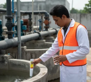 “Teknisi Indonesia mengukur pH sampel air di instalasi pengolahan air minum menggunakan PHscan30S-E pocket pH meter tahan air.”