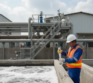 Operator IPAL di Indonesia sedang mengukur pH sampel air limbah di tepi bak aerasi menggunakan pocket pH tester PHscan30S-K, dengan latar pipa dan bangunan industri.