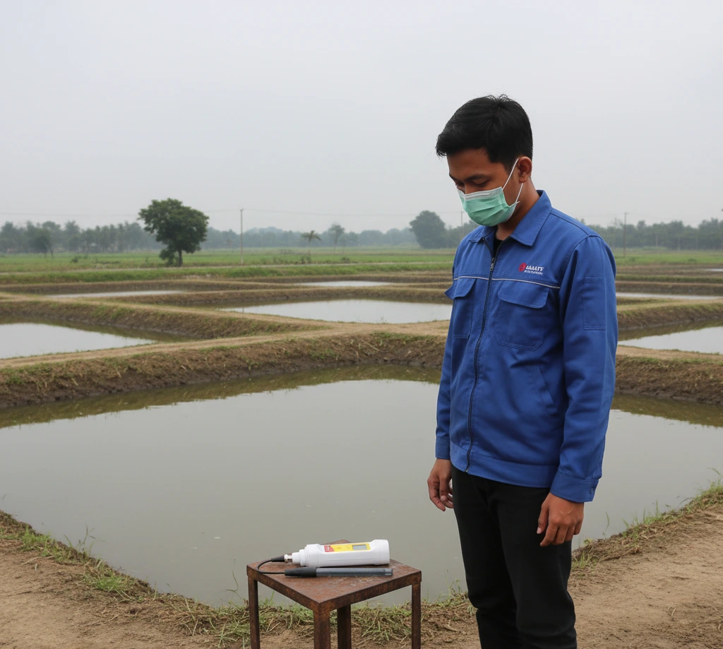 Seorang teknisi Indonesia di tepi kolam budidaya ikan sedang memegang PHscan40 pocket pH tester sambil mengukur pH sampel air kolam.