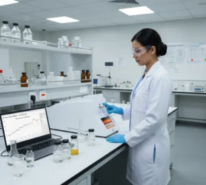 Analis laboratorium Indonesia menggunakan POL-200 Semiautomatic Polarimeter untuk mengukur kadar gula larutan di ruang QA/QC pabrik minuman.