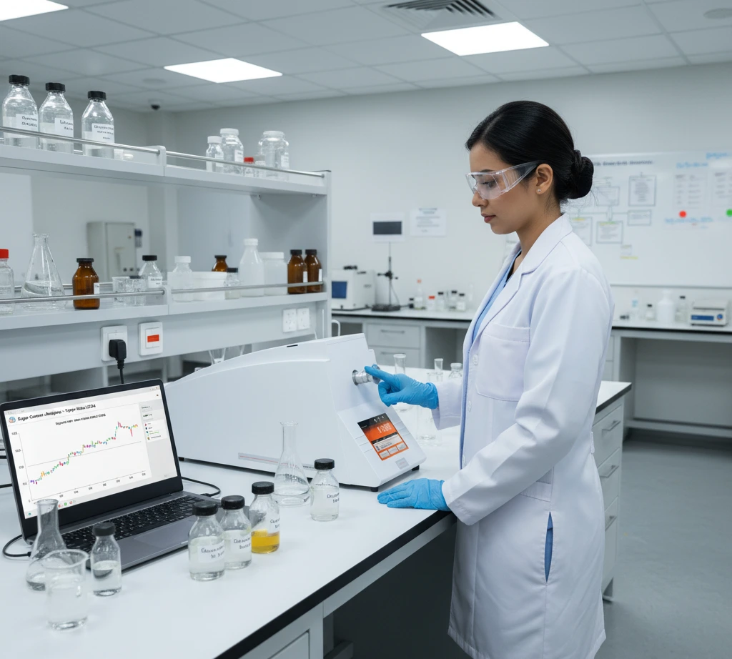 Analis laboratorium Indonesia menggunakan POL-200 Semiautomatic Polarimeter untuk mengukur kadar gula larutan di ruang QA/QC pabrik minuman.