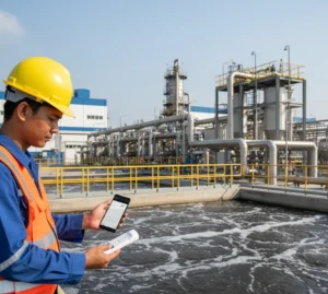 Teknisi laboratorium Indonesia sedang mengukur ORP di kolam aerasi instalasi pengolahan air limbah menggunakan S20 Bluetooth ORP Tester yang terhubung ke smartphone Android.