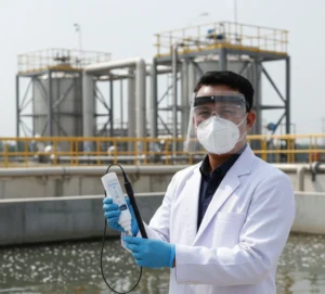 Teknisi laboratorium Indonesia sedang menggunakan S30 Bluetooth Ion Tester di tepi bak pengolahan air limbah untuk mengukur konsentrasi ion secara langsung di lapangan dengan latar instalasi WTP/WWTP.