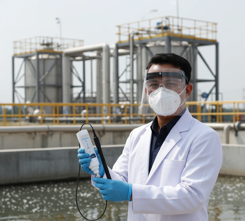 Teknisi laboratorium Indonesia sedang menggunakan S30 Bluetooth Ion Tester di tepi bak pengolahan air limbah untuk mengukur konsentrasi ion secara langsung di lapangan dengan latar instalasi WTP/WWTP.