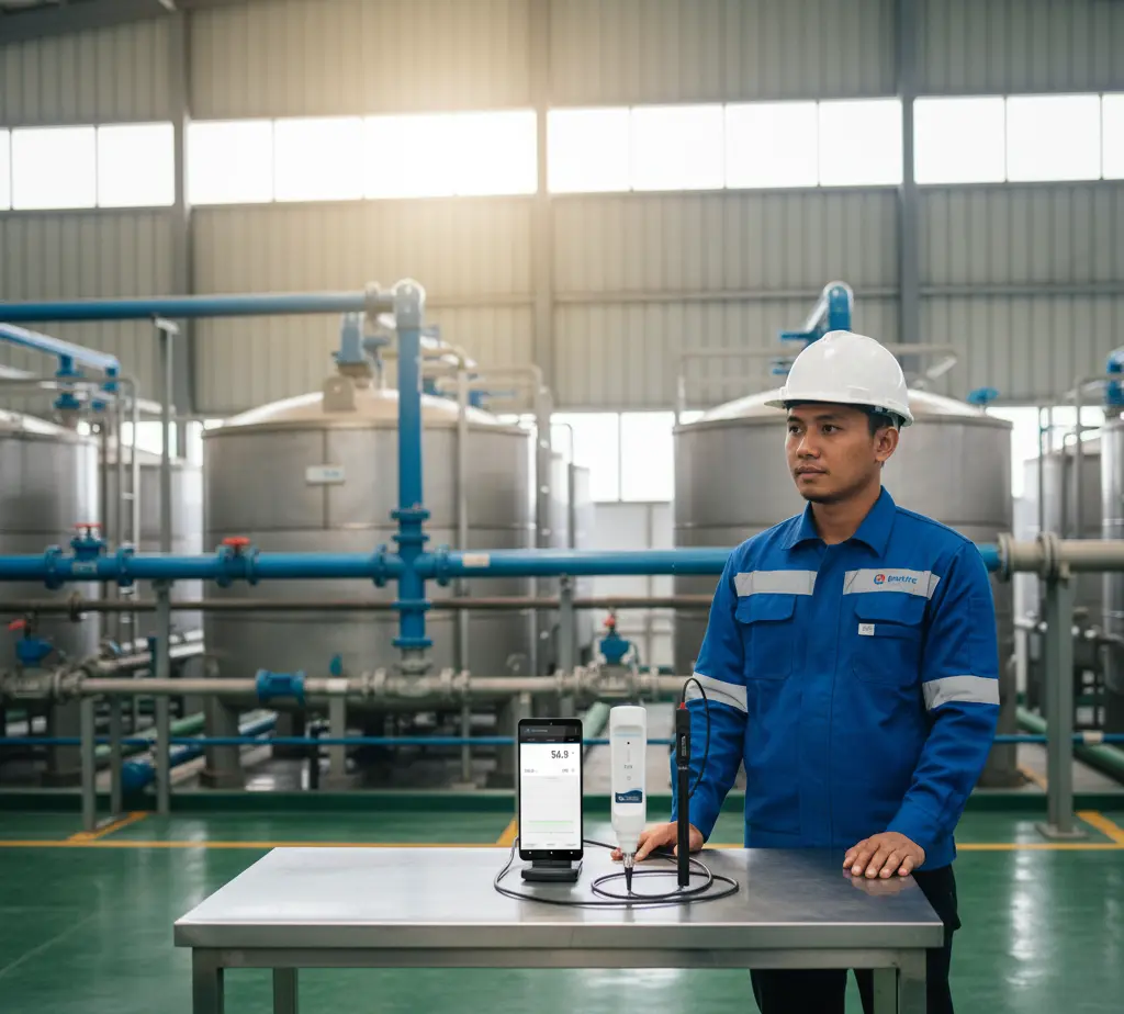 Teknisi Indonesia mengukur kesadahan air dengan S40 Bluetooth Water Hardness Tester di instalasi pengolahan air minum menggunakan smartphone Android dan elektroda kesadahan.