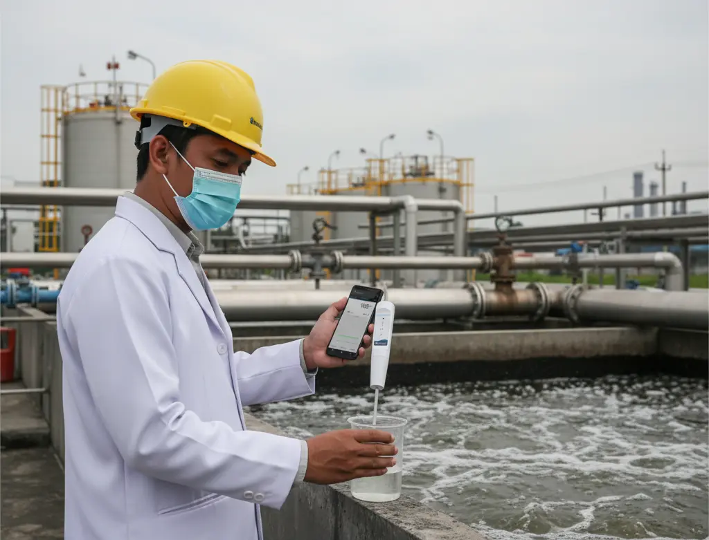 “Teknisi laboratorium Indonesia mengukur konduktivitas air limbah menggunakan S50-H Bluetooth Conductivity Tester yang terhubung ke smartphone di area instalasi pengolahan air industri.”