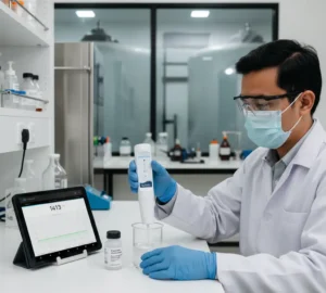 Teknisi laboratorium Indonesia mengukur konduktivitas sampel air dengan Bante S50-M Bluetooth Conductivity Tester yang terhubung ke tablet Android di ruang pengolahan air proses.