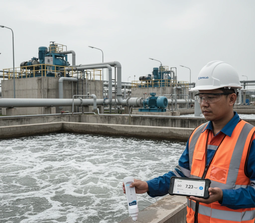 Teknisi laboratorium Indonesia berdiri di tepi bak aerasi IPAL sambil mengoperasikan S60 Bluetooth Dissolved Oxygen Tester; satu tangan memegang probe DO yang tercelup air limbah bergelembung, tangan lain memegang smartphone dengan aplikasi BanteLab yang menampilkan hasil pengukuran DO secara real time.