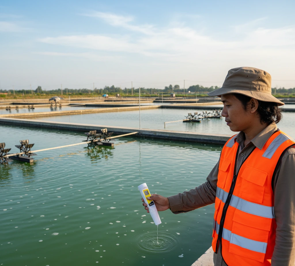 Operator Indonesia sedang mengukur salinitas air tambak udang menggunakan SALscan10 Pocket Salinity Tester di tepi kolam dengan aerator berputar.