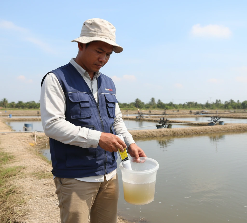 Teknisi akuakultur Indonesia sedang mengukur salinitas air tambak udang menggunakan SALscan20 pocket salinity tester di tepi kolam, dengan alat genggam kecil berwarna putih-kuning diarahkan ke ember sampel air laut payau.