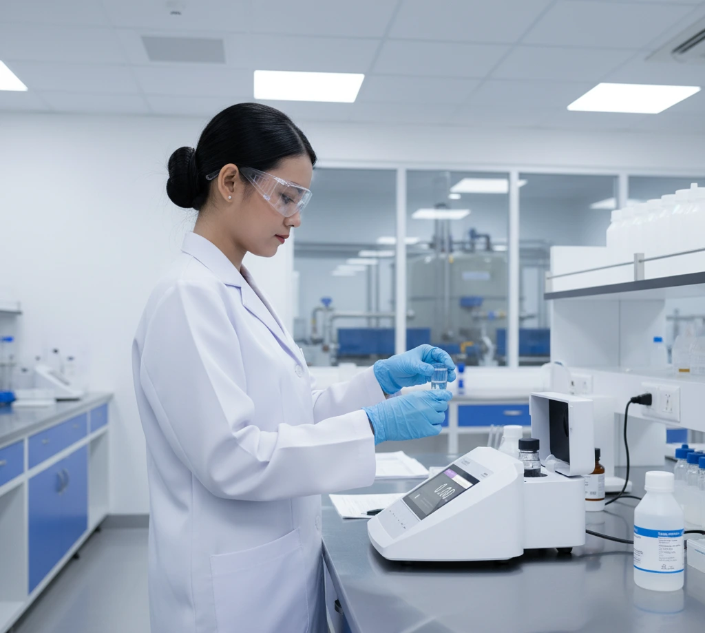 Analis laboratorium Indonesia sedang mengukur kekeruhan sampel air menggunakan TB200 Benchtop Turbidity Meter di meja laboratorium pengolahan air minum.