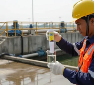Seorang teknisi Indonesia sedang mengukur TDS sampel air limbah di instalasi pengolahan air menggunakan pocket TDS tester TDSscan10H berwarna putih-kuning, dengan bak beton dan pipa utilitas sebagai latar belakang.