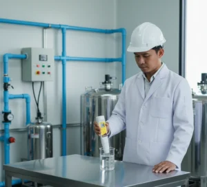 Teknisi laboratorium Indonesia memegang TDSscan10L Pocket TDS Tester dan mengukur TDS air murni di beaker transparan di area pengolahan air minum.