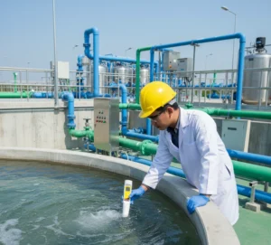 Teknisi Indonesia memakai jas lab sedang mengukur TDS air di bak pengolahan air bersih menggunakan TDSscan10M pocket TDS tester portabel di instalasi water treatment.