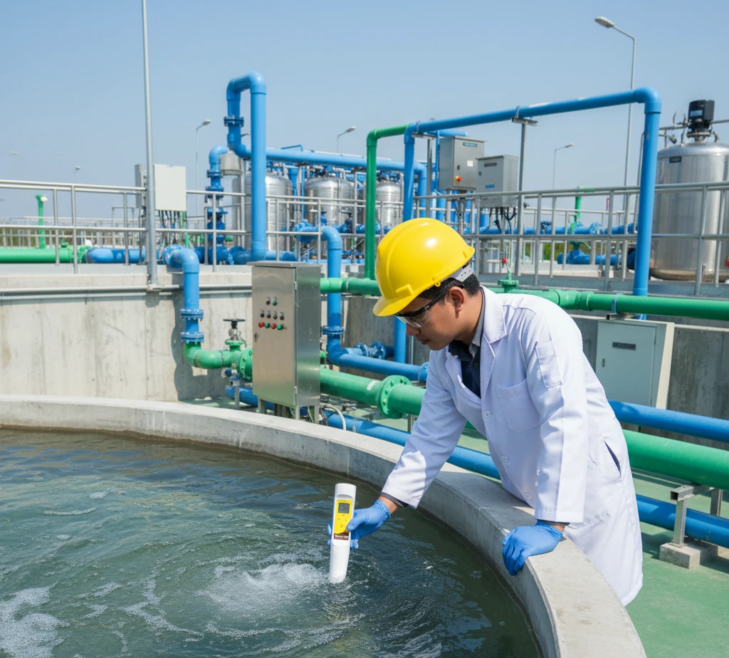 Teknisi Indonesia memakai jas lab sedang mengukur TDS air di bak pengolahan air bersih menggunakan TDSscan10M pocket TDS tester portabel di instalasi water treatment.