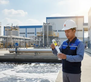 Teknisi Indonesia di instalasi pengolahan air limbah industri minuman sedang mengukur TDS sampel air menggunakan TDSscan20 Pocket TDS Tester di tepi bak aerasi dengan latar pipa dan tangki proses.