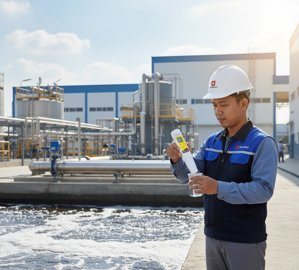 Teknisi Indonesia di instalasi pengolahan air limbah industri minuman sedang mengukur TDS sampel air menggunakan TDSscan20 Pocket TDS Tester di tepi bak aerasi dengan latar pipa dan tangki proses.