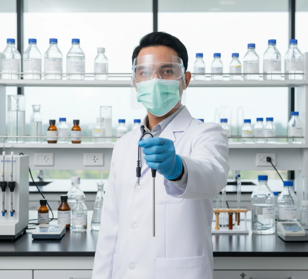 Analis laboratorium Indonesia sedang mengukur dan mengontrol suhu larutan di beaker menggunakan probe suhu TP-100P yang terhubung ke magnetic stirrer MS300/400 di meja kerja laboratorium.