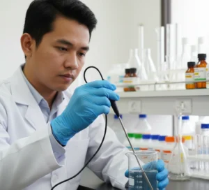 “Teknisi laboratorium Indonesia mengukur suhu sampel air menggunakan TP-10K Temperature Probe yang terhubung ke meter kualitas air portabel di meja lab.”