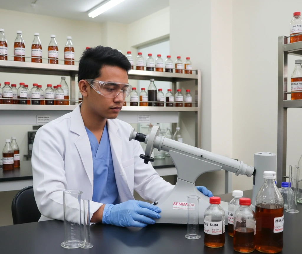 Analis QA/QC di laboratorium pabrik minuman Indonesia sedang mengoperasikan Bante WXG-4 Manual Polarimeter untuk mengukur rotasi optik larutan sirup gula, dengan tabung sampel terpasang dan meja kerja laboratorium yang rapi di sekelilingnya.