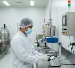 Teknisi laboratorium Indonesia menggunakan air sampler PCE-AS1-ICA untuk memantau kebersihan udara di ruang produksi farmasi yang higienis.