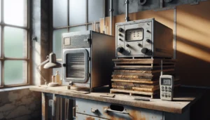 A weathered laboratory drying oven and a modern handheld moisture meter on workbenches, comparing methods for measuring moisture content.