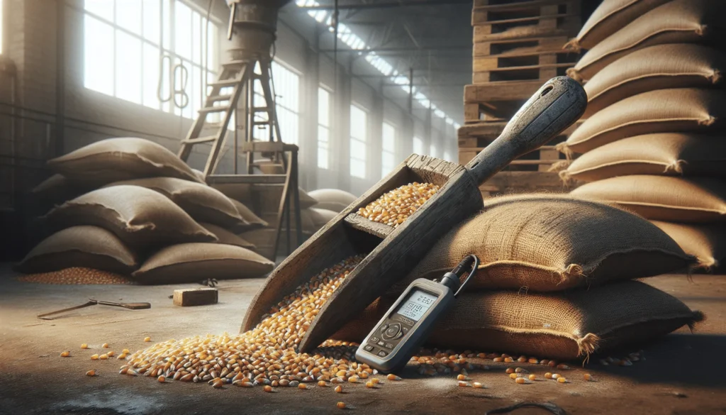 Professional grain storage workspace with a moisture meter on a burlap sack of corn, highlighting solutions for caking, mold, and weight loss in grain storage.