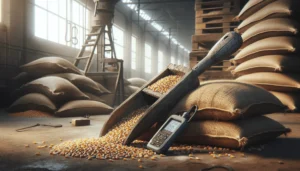 Professional grain storage workspace with a moisture meter on a burlap sack of corn, highlighting solutions for caking, mold, and weight loss in grain storage.