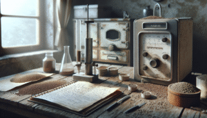 Agricultural scientist measuring seed moisture content with a professional tester on a wooden table in a laboratory, for optimal post-harvest storage.