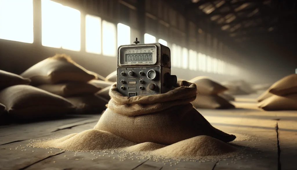 Weathered grain moisture meter on a burlap rice sack in a warehouse, demonstrating key evaluation factors like durability and calibration.