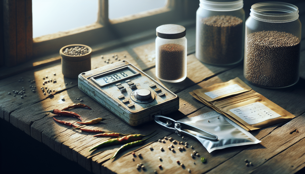 Close-up of a seed moisture meter and desiccator in a laboratory, testing tomato, chili, and cabbage seeds for viability and vigor according to SNI/ISTA standards.