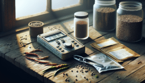 Close-up of a seed moisture meter and desiccator in a laboratory, testing tomato, chili, and cabbage seeds for viability and vigor according to SNI/ISTA standards.