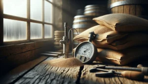 Moisture meter on animal feed sack in rustic storage, highlighting quality control for livestock feed water content and shelf life.