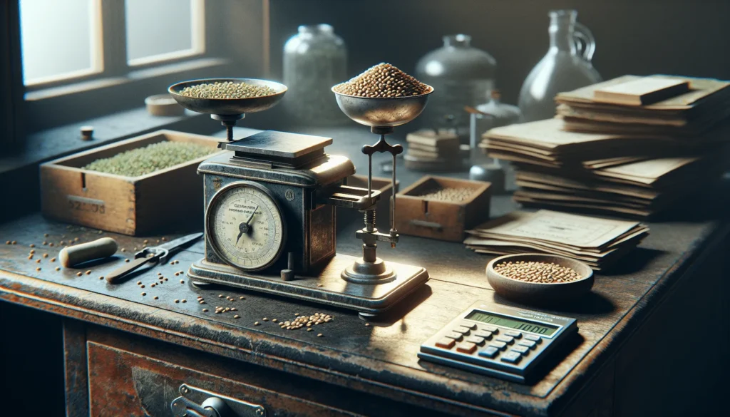 Close-up of a seed sample on an analytical balance next to a moisture meter in a professional laboratory, measuring seed moisture content according to ISTA standards.