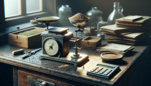 Close-up of a seed sample on an analytical balance next to a moisture meter in a professional laboratory, measuring seed moisture content according to ISTA standards.