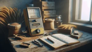 Grain moisture meter on a wooden table next to horticultural seed packets and a notebook for accurate moisture testing.