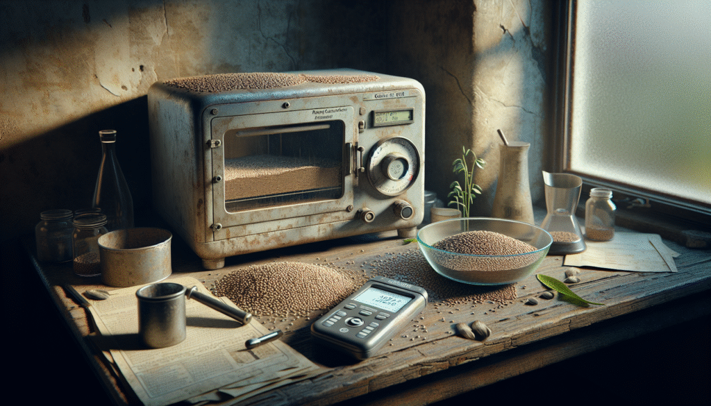 A weathered agricultural lab comparing a traditional laboratory oven to a handheld capacitance moisture meter for seed moisture testing.