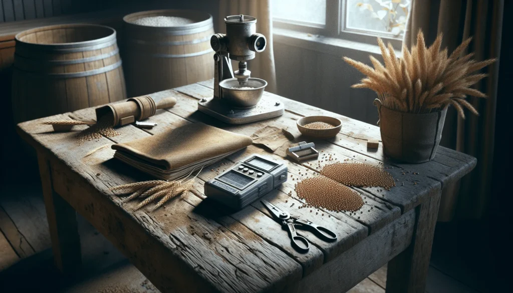Portable grain moisture meter measuring samples on a wooden table in an agribusiness setting.