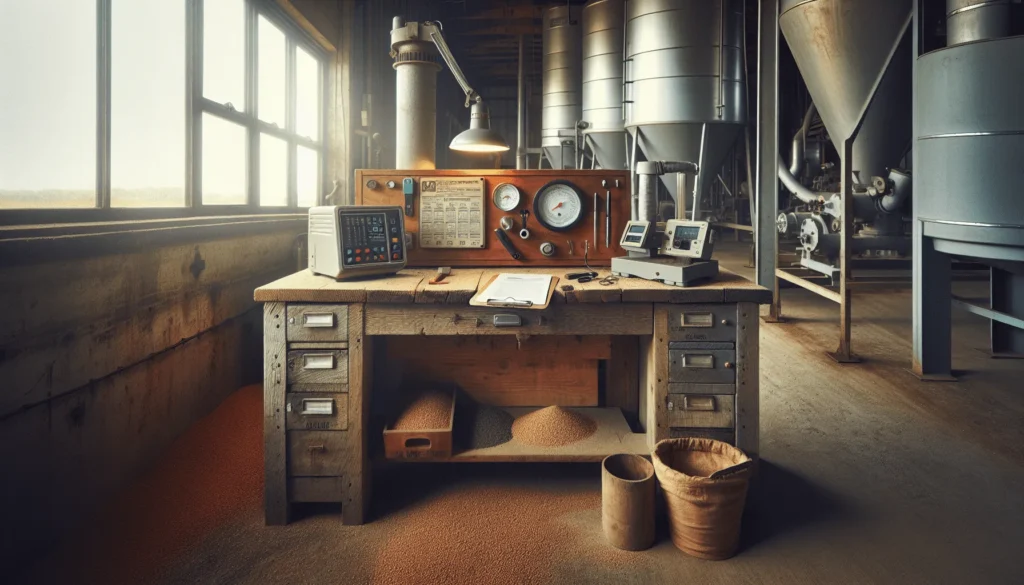 Technician using a moisture analyzer on pellet feed samples in a professional feed mill production environment.