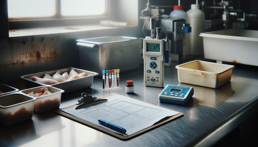 Digital refractometer and salinity test strips on a stainless steel bench for controlling salt levels in a poultry processing plant.