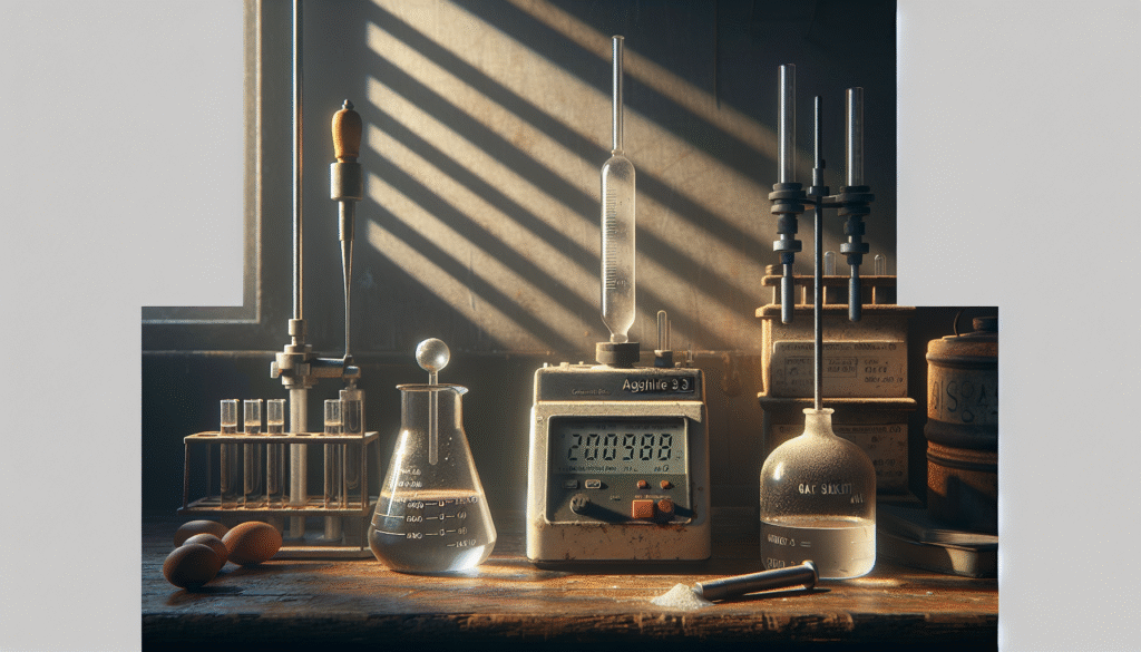 Close-up comparison of a traditional Mohr titration setup and a modern digital salt meter analyzing chicken product samples in a quality control lab.