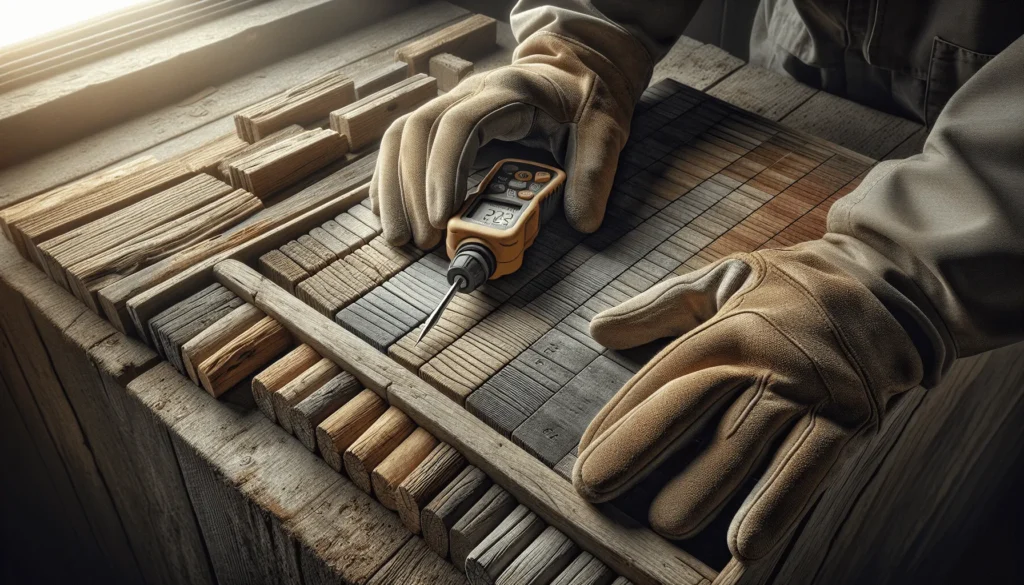 Professional hands in work gloves using a moisture meter on a wooden sample board on a distribution truck tailgate for accurate moisture content measurement.