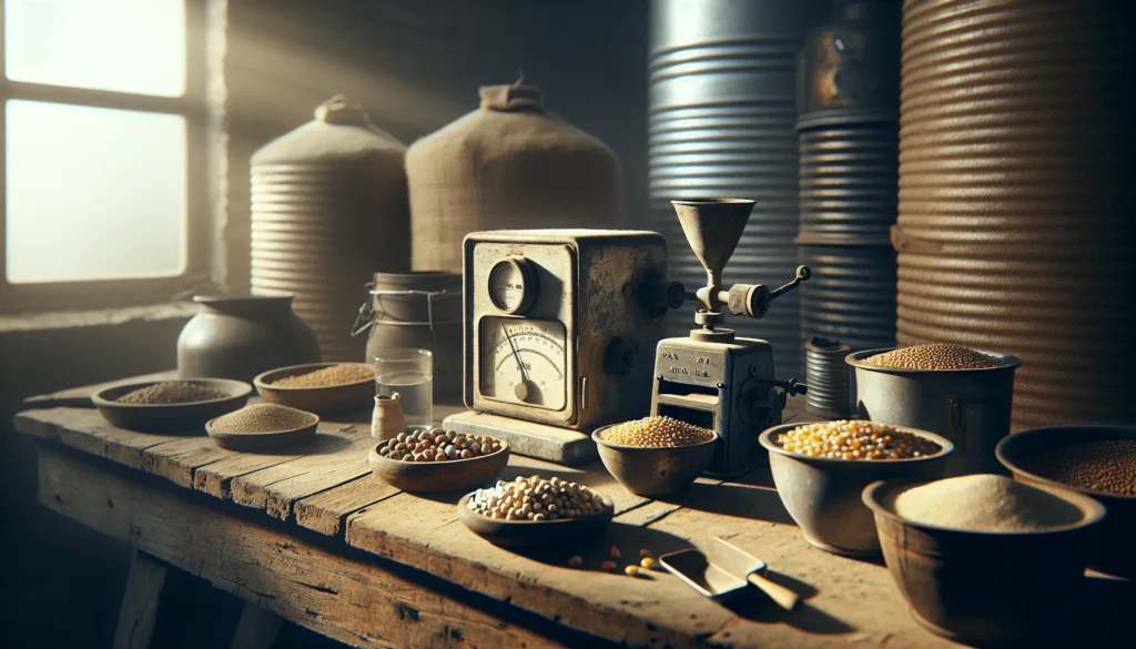Close-up of moisture meter and grain samples on a rustic lab bench for testing corn and soybean feed moisture content.